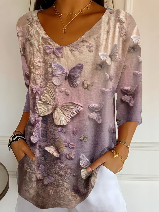 Damen Schmetterling Dreiviertelärmel T-Shirts T-Shirt V-Ausschnitt Print Lässig T-Shirt mit Grafik Frühling/Herbst Oberteile