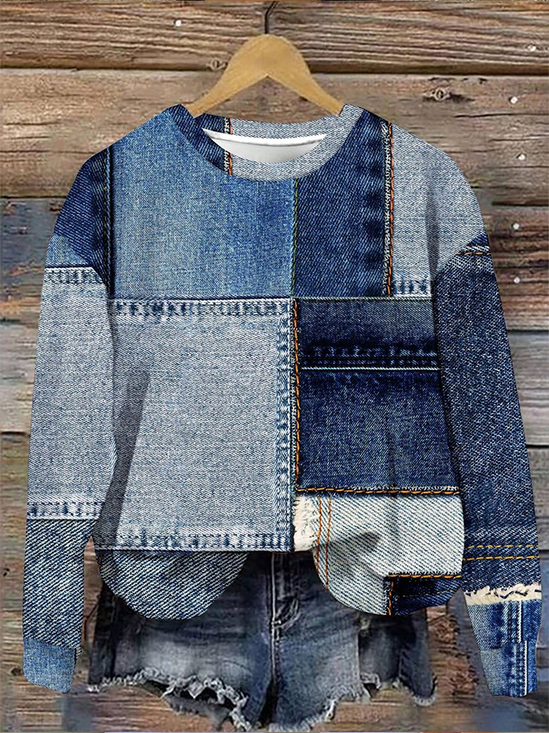 Damen Grafik mit Denim-Imitat-Print Rundhals Print Lässig Frühling/Herbst Langarm Sweatshirt