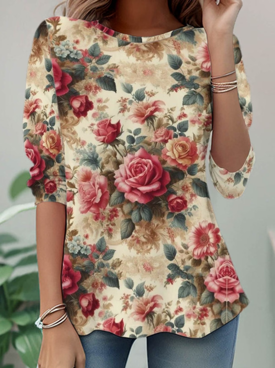 Damen Geblümt Langarm T-Shirts T-Shirt Rundhals Print Lässig Tunika Frühling/Herbst Oberteile