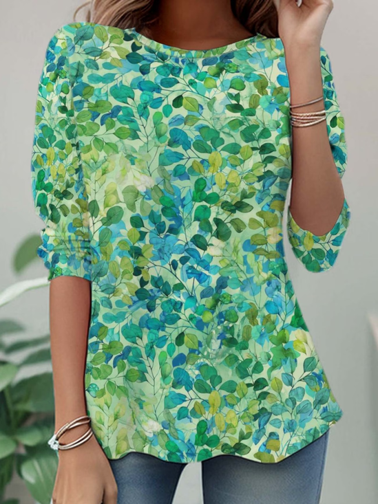 Damen Blätter Langarm T-Shirts T-Shirt Rundhals Print Lässig Tunika Frühling/Herbst Oberteile