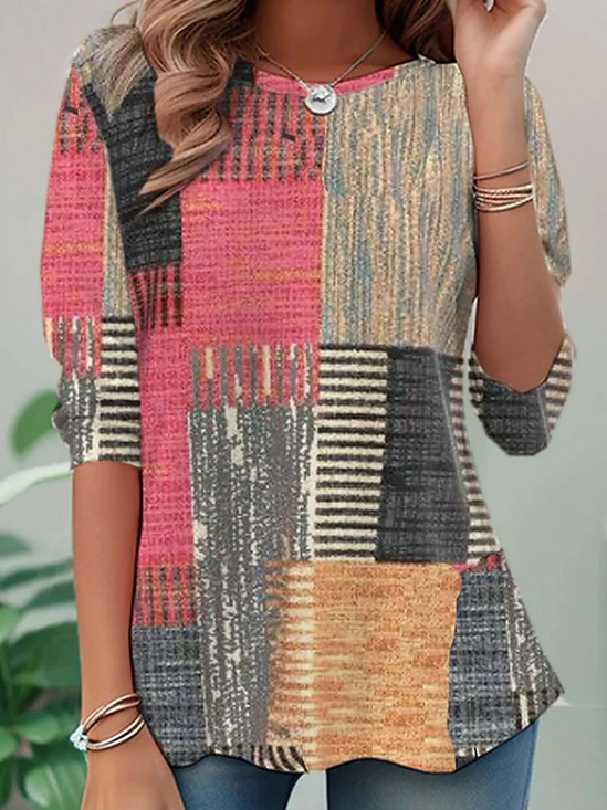 Damen Abstrakt Langarm T-Shirts T-Shirt Rundhals Print Lässig Tunika Frühling/Herbst Oberteile