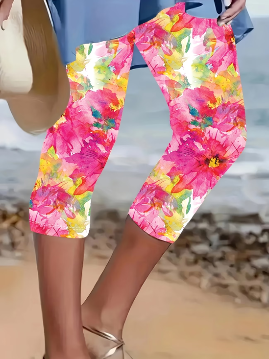 Damen Geblümt Caprihosen Elastische Taille Hose Lässig Sommer Hose