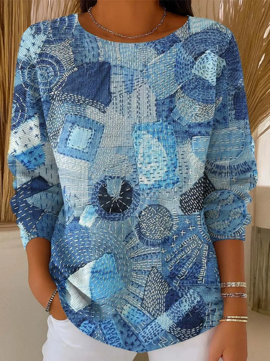 Damen Grafik mit Denim-Imitat-Print Print Lässig Langarm Rundhals Frühling/Herbst Pullover