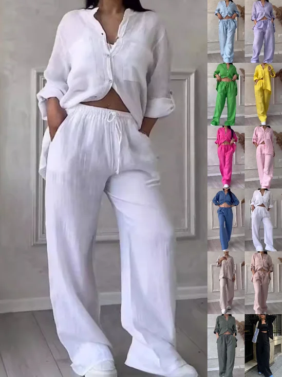 Damen Unifarben Nahtverarbeitung Zweiteiliges Set Täglich Langarm Lässig Frühling/Herbst Bluse mit Hose Matching Set