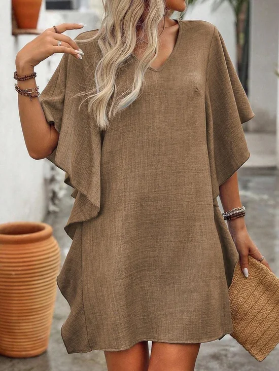 Damen Unifarben Kurzarm V-Ausschnitt Nahtverarbeitung Kleid Täglich Retro Mini Rüschenrock A-Linien Sommer Kleid