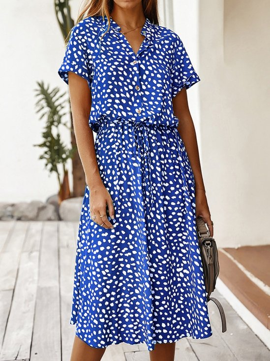 Damen Polka Dots Kurzarm V-Ausschnitt Print Kleid Täglich Retro Maxikleid T-Shirt-Kleid A-Linien Sommer Kleid