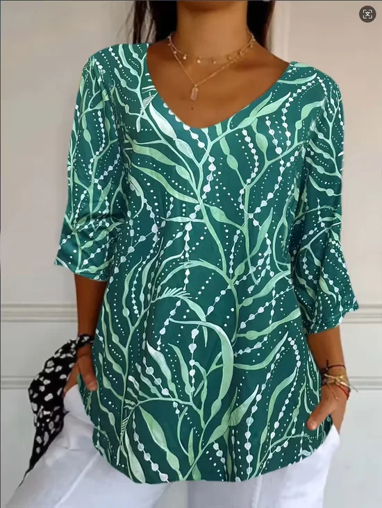 Damen Abstrakt Dreiviertelärmel T-Shirts T-Shirt V-Ausschnitt Print Lässig T-Shirt mit Grafik Frühling/Herbst Oberteile