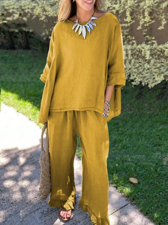 Damen Unifarben Nahtverarbeitung Zweiteiliges Set Täglich Halbarm Lässig Sommer Bluse mit Hose Matching Set