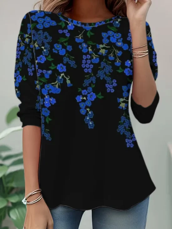 Damen Geblümt Langarm T-Shirts T-Shirt Rundhals Lässig Tunika Frühling/Herbst Oberteile