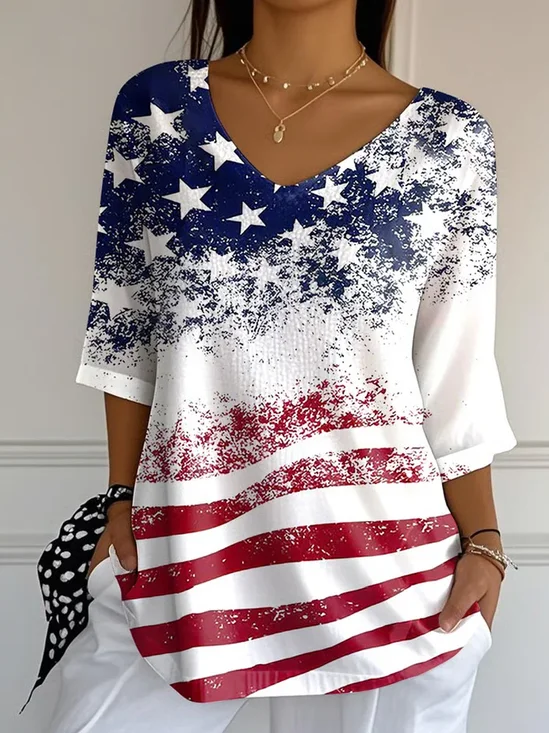 Damen Amerika-Flagge Dreiviertelärmel T-Shirts T-Shirt V-Ausschnitt Print Lässig T-Shirt mit Grafik Frühling/Herbst Oberteile