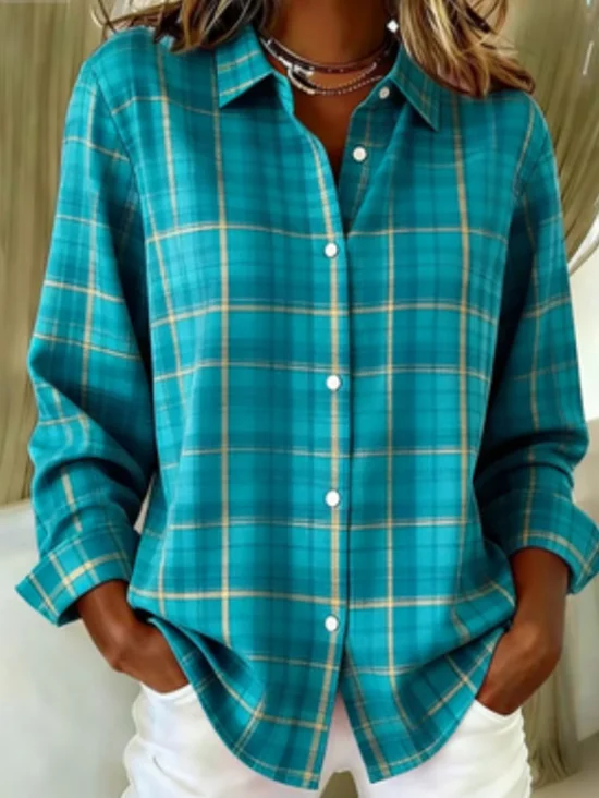 Damen Kariert Hemdkragen Langarm Bluse Schnalle Normale Ärmel Lässig Täglich Frühling/Herbst Oberteile
