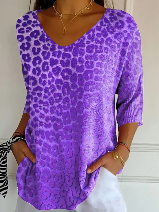 Damen Leopard Dreiviertelärmel T-Shirts T-Shirt V-Ausschnitt Print Lässig T-Shirt mit Grafik Frühling/Herbst Oberteile