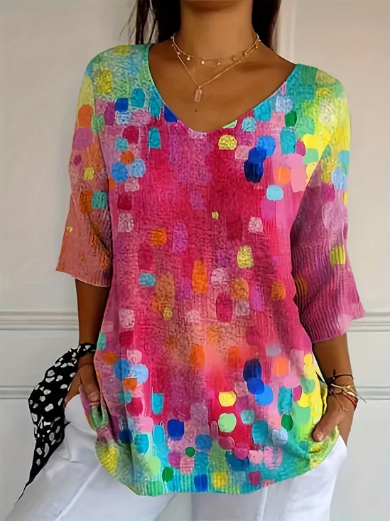 Damen Abstrakt Dreiviertelärmel T-Shirts T-Shirt V-Ausschnitt Print Lässig T-Shirt mit Grafik Frühling/Herbst Oberteile
