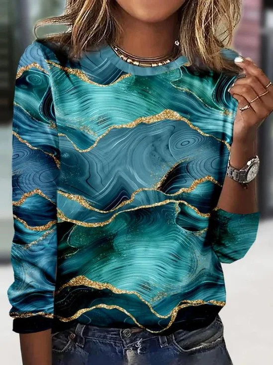 Damen Abstrakt Langarm T-Shirts T-Shirt Rundhals Print Lässig T-Shirt mit Grafik Frühling/Herbst Oberteile