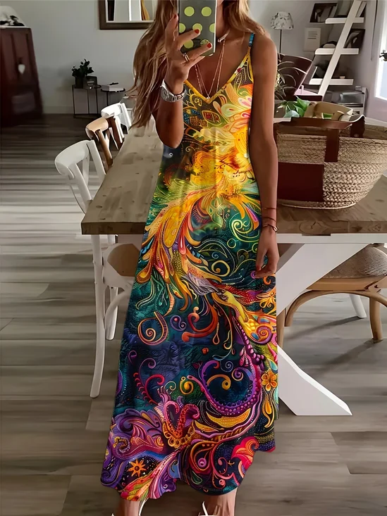 Damen Abstrakt Ärmellos V-Ausschnitt Print Kleid Täglich Lässig Maxikleid Unterhose Kleid X-Linie Sommer Kleid