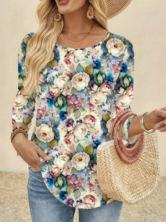 Damen Geblümt Langarm T-Shirts T-Shirt Rundhals Print Lässig T-Shirt mit Grafik Frühling/Herbst Oberteile