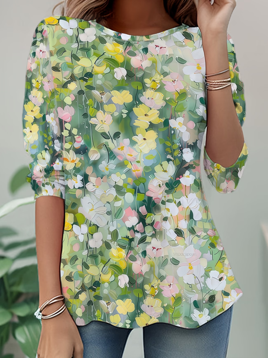 Damen Geblümt Langarm T-Shirts T-Shirt Rundhals Print Lässig Tunika Frühling/Herbst Oberteile