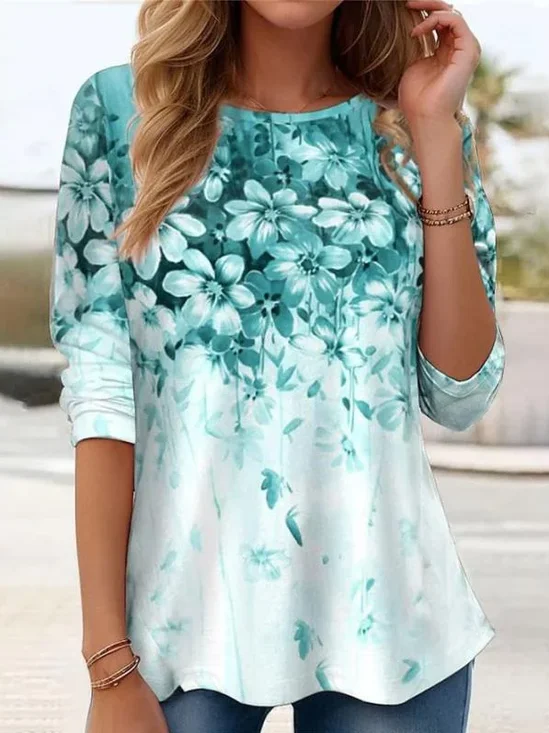 Damen Geblümt Langarm T-Shirts T-Shirt Rundhals Print Lässig Tunika Frühling/Herbst Oberteile
