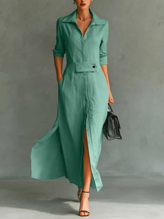 Damen Unifarben Langarm Frühling/Herbst Nahtverarbeitung Kleid V-Ausschnitt Täglich Retro Maxikleid Tanktop A-Linien-Kleid