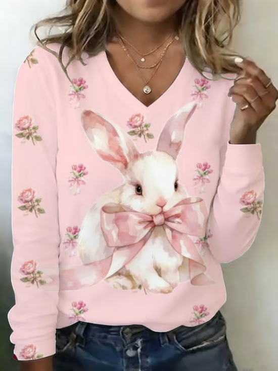 Damen Geblümt Langarm T-Shirts T-Shirt V-Ausschnitt Print Lässig T-Shirt mit Grafik Frühling/Herbst Oberteile