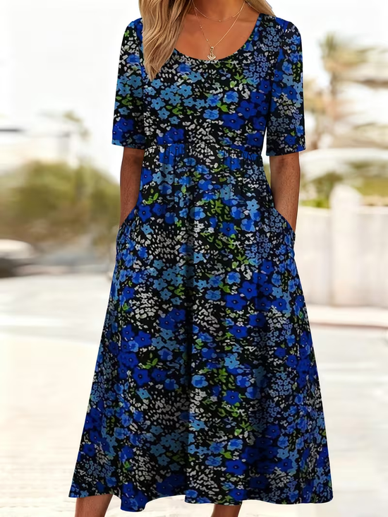 Damen Geblümt Kurzarm Rundhals Print Kleid Täglich Lässig Maxikleid Etuikleid H-Linie Sommer Kleid