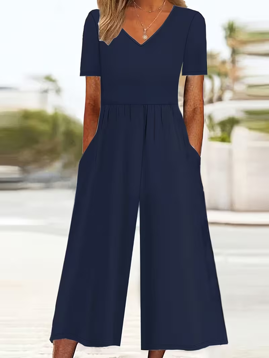 Damen Unifarben V-Ausschnitt Halbarm Lässig Sommer Jumpsuit