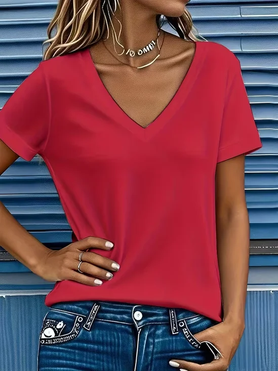 Damen Unifarben Kurzarm T-Shirts T-Shirt V-Ausschnitt Print Retro Sommer Oberteile
