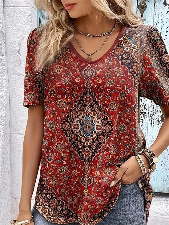 Damen Ethnisch Kurzarm T-Shirts T-Shirt V-Ausschnitt Print Retro Sommer Oberteile