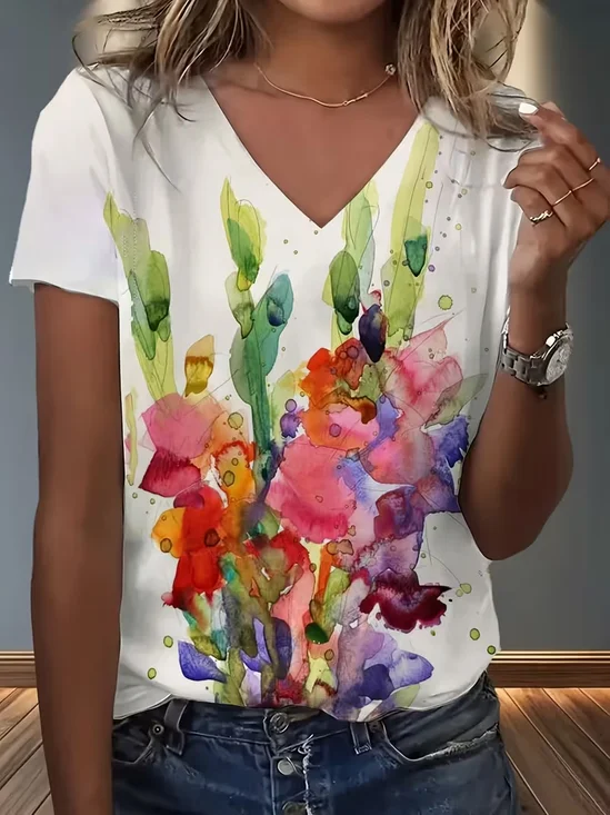 Damen Abstrakt Kurzarm T-Shirts T-Shirt V-Ausschnitt Print Retro Sommer Oberteile