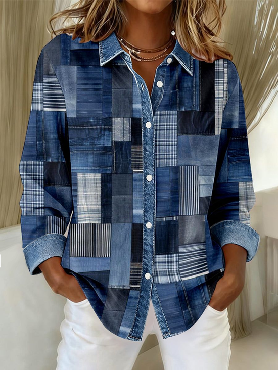 Damen Langarm Bluse Frühling/Herbst Blau Grafik mit Denim-Imitat-Print Schnalle Hemdkragen Normale Ärmel Täglich Ausgehen Lässig Oberteile