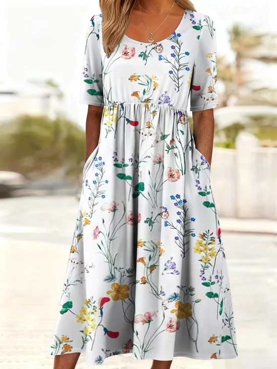 Damen Geblümt Kurzarm Rundhals Print Kleid Täglich Lässig Maxikleid Etuikleid H-Linie Sommer Kleid