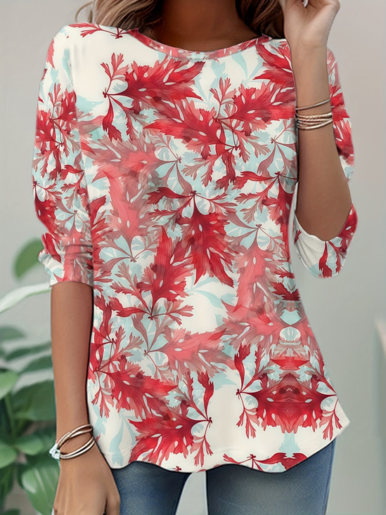 Damen Pflanzen Langarm T-Shirts T-Shirt Rundhals Lässig Tunika Frühling/Herbst Oberteile