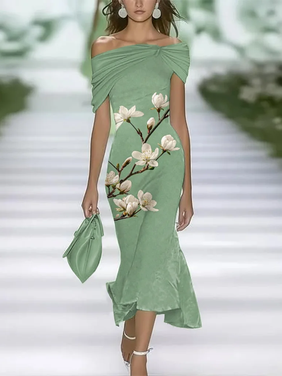 Damen Geblümt Flügelärmel Schulterfrei Print Kleid Täglich Retro Maxikleid H-Linie Sommer Kleid