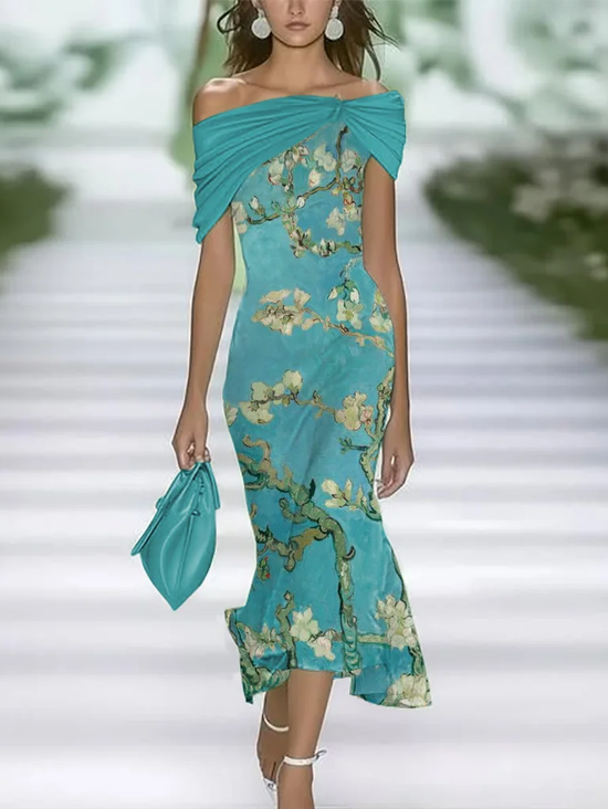 Damen Geblümt Flügelärmel Schulterfrei Print Kleid Täglich Retro Maxikleid H-Linie Sommer Kleid