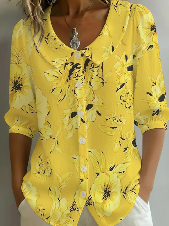 Damen Geblümt Schalkragen Halbarm Bluse Print Lässig Täglich Sommer Oberteile