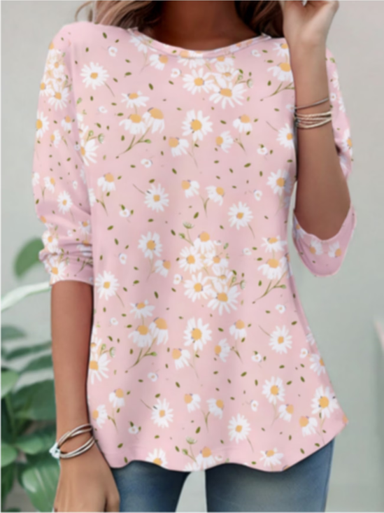 Damen Geblümt Langarm T-Shirts T-Shirt Rundhals Lässig Tunika Frühling/Herbst Oberteile