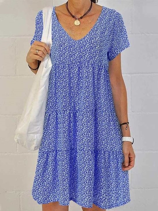 Damen Geblümt Kurzarm V-Ausschnitt Print Kleid Täglich Lässig Midi Tanktop A-Linien Sommer Kleid
