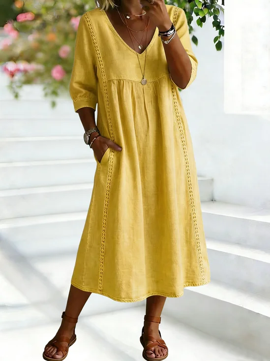 Damen Unifarben Kurzarm V-Ausschnitt Kleid Täglich Lässig Midi Passen & Flare Kleid A-Linien Sommer Kleid
