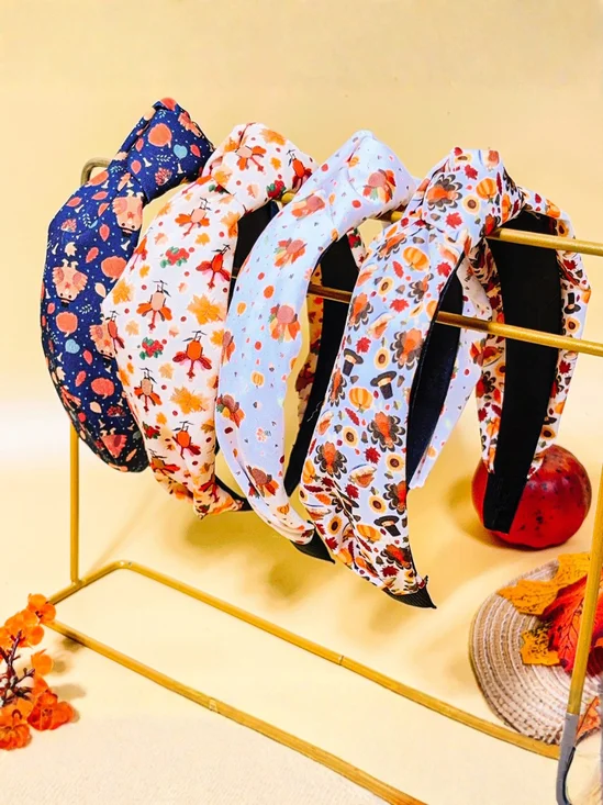 Handgemachte Küken Blätter Kürbis Print Verknotet Stirnband Stoff OSTERN Bohemien Haar Zubehörteil