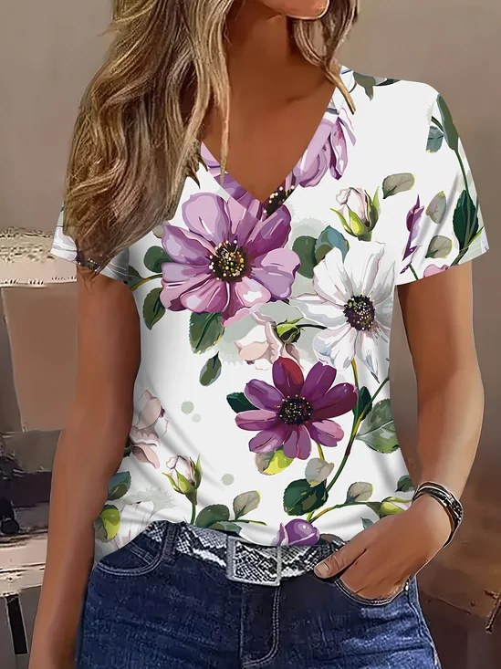Damen Geblümt Kurzarm T-Shirts T-Shirt V-Ausschnitt Print Retro Sommer Oberteile