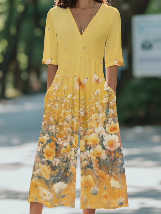 Damen Geblümt V-Ausschnitt Halbarm Lässig Sommer Jumpsuit
