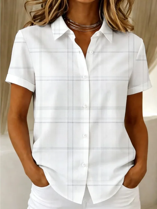 Damen Kariert Hemdkragen Kurzarm Bluse Print Lässig Täglich Sommer Oberteile
