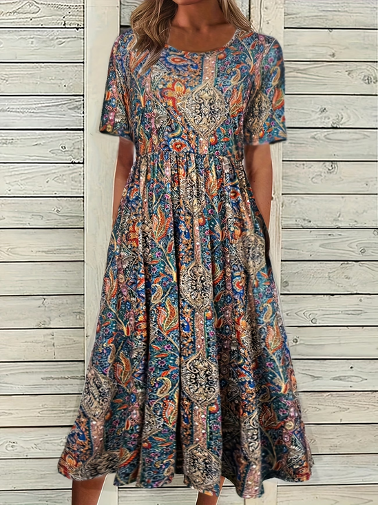 Damen Ethnisch Kurzarm Rundhals Print Kleid Täglich Lässig Maxikleid Etuikleid H-Linie Sommer Kleid