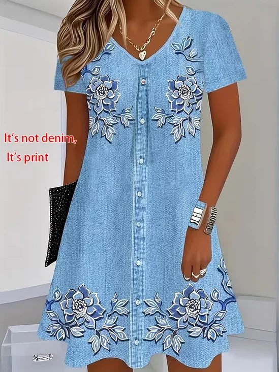 Damen Geblümt Kurzarm V-Ausschnitt Print Kleid Täglich Lässig Knielänge T-Shirt-Kleid H-Linie Sommer Kleid