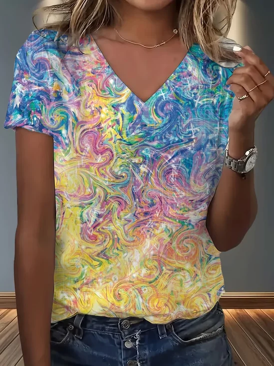 Damen Abstrakt Kurzarm T-Shirts T-Shirt V-Ausschnitt Print Retro Sommer Oberteile