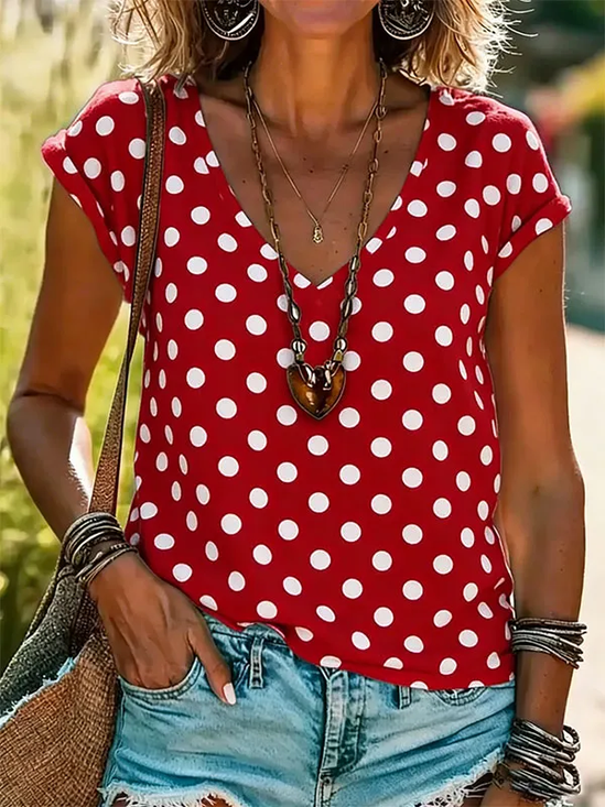 Damen Polka Dots Kurzarm T-Shirts T-Shirt V-Ausschnitt Print Retro Sommer Oberteile
