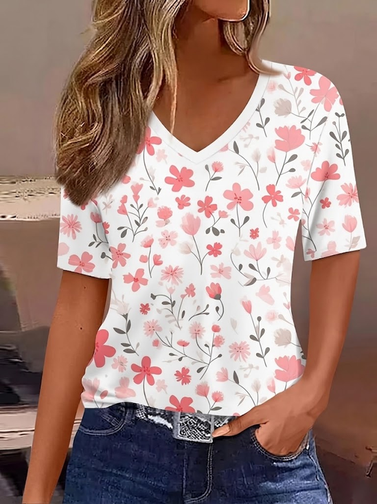 Damen Geblümt Kurzarm T-Shirts T-Shirt V-Ausschnitt Print Retro Sommer Oberteile