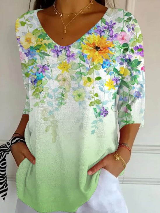 Damen Geblümt Dreiviertelärmel T-Shirts T-Shirt V-Ausschnitt Print Lässig T-Shirt mit Grafik Frühling/Herbst Oberteile