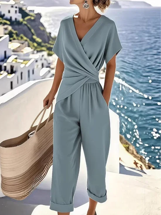 Damen Unifarben Knoten Zweiteiliges Set Täglich Kurzarm Lässig Sommer Bluse mit Hose Matching Set
