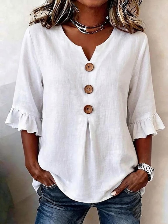 Damen Unifarben V-Ausschnitt Halbarm Bluse Schößchen Retro Täglich Sommer Oberteile